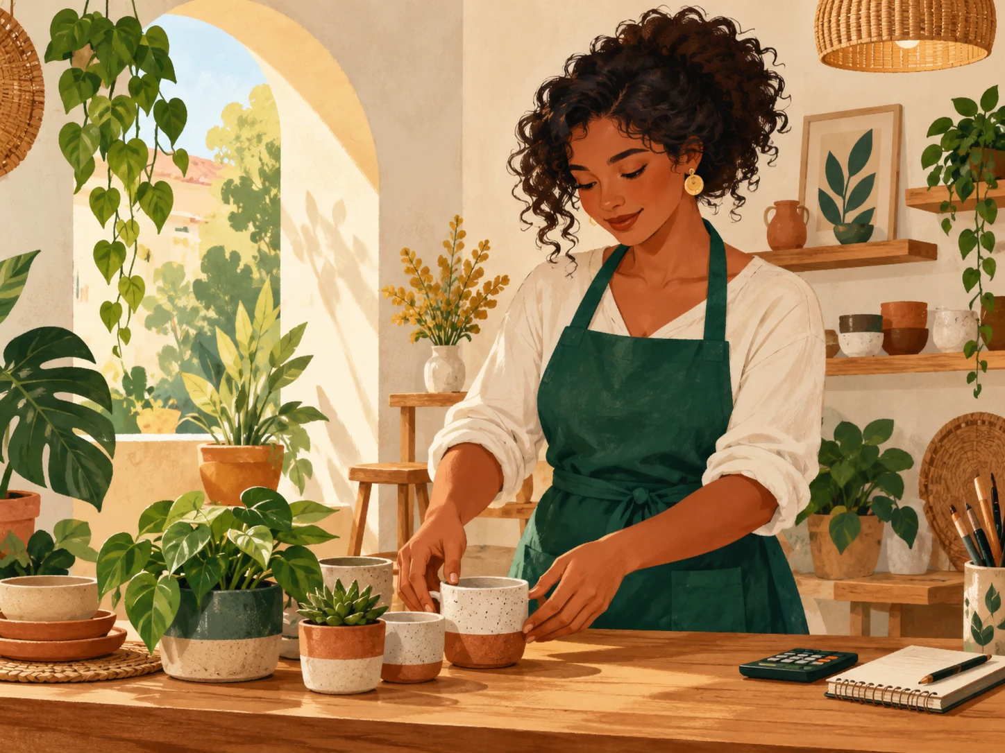 Ilustração de uma empreendedora organizando produtos em seu pequeno negócio